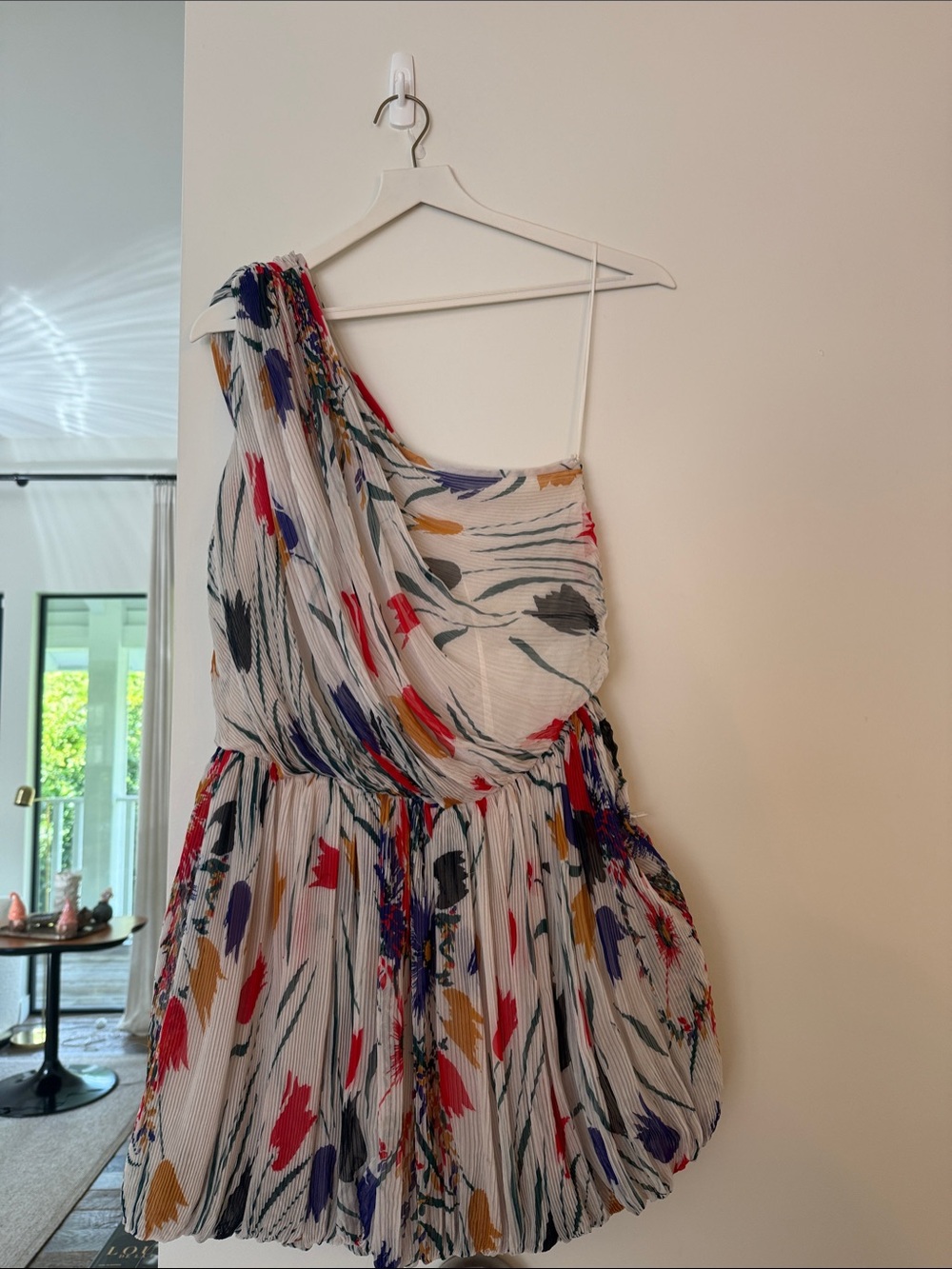 One-Shoulder Saint Laurent Floral Pleated Mini Dress in White